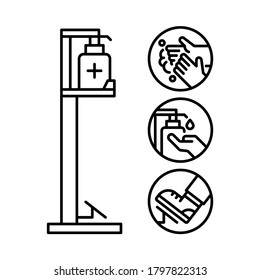 Foot operated hand sanitizer dispenser. Line vector. Isolate on white background.