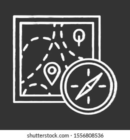 Foot orienteering chalk icon. Topographical map and compass. Navigating in unfamiliar terrain. Navigation equipment. Hiking, tracking. Marked route. Isolated vector chalkboard illustration
