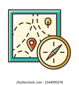 Foot orienteering color icon. Topographical map and compass. Navigating in unfamiliar terrain. Navigation equipment. Hiking, tracking. Marked route. Extreme sport. Isolated vector illustration