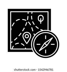 Foot orienteering glyph icon. Topographical map and compass. Navigating in unfamiliar terrain. Navigation equipment. Hiking, tracking. Silhouette symbol. Negative space. Vector isolated illustration