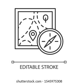 Foot orienteering linear icon. Map and compass. Navigating in unfamiliar terrain. Navigation equipment. Thin line illustration. Contour symbol. Vector isolated outline drawing. Editable stroke