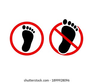 Foot outline icon, stop sign, do not step. No walking barefoot. Black human footprint silhouette in red circle, vector illustration set.