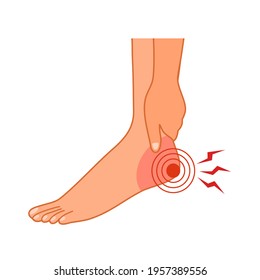Foot pain concept vector illustration on white background. Man or woman feel painful at heel and ankle of foot. Muscle or bone problem.