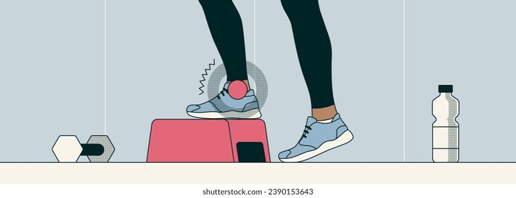 Foot pain during exercise. Woman doing leg exercises in the gym. Joint pain and fitness. Vector illustration in flat style. Horizontal minimalistic banner. Header for the website. Sport trauma. 