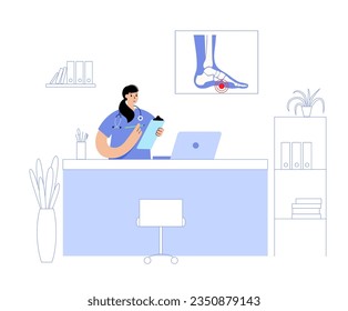 Foot pathologies anatomical poster. Flat, normal and hollow feet conditions. Abnormal feet arch, supination and overpronation. Ankle pathology diagnostic in podiatry clinic medical vector illustration