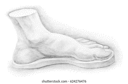 Foot.  Plaster sculpture painted with dots on white background. Digital pointillism