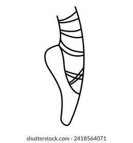 A foot in pointe shoes, feet wearing pointe shoes, 
dancing shoes or slippers in en pointe position flat vector icon, 
ballet dance studio symbol, linear icon of pointe shoes.