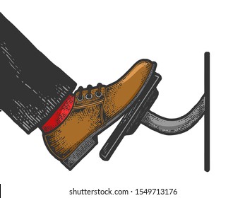 Foot presses throttle car accelerator pedal sketch engraving vector illustration. T-shirt apparel print design. Scratch board style imitation. Black and white hand drawn image.