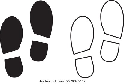 Foot print icon set. Human foot pet black vector flat and line collection isolated on transparent background. Shoe print step symbol sign of walking, track imprint, sole of shoe printmaking technique.