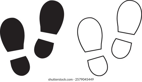 Foot print icon set. Human foot pet black vector flat and line collection isolated on transparent background. Shoe print step symbol sign of walking, track imprint, sole of shoe printmaking technique.