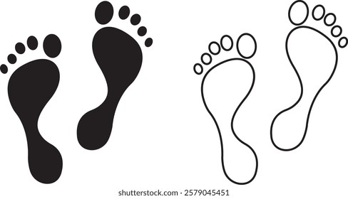 Foot print icon set. Human foot pet black vector flat and line collection isolated on transparent background. Shoe print step symbol sign of walking, track imprint, sole of shoe printmaking technique.