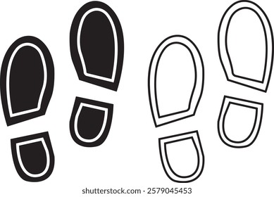 Foot print icon set. Human foot pet black vector flat and line collection isolated on transparent background. Shoe print step symbol sign of walking, track imprint, sole of shoe printmaking technique.