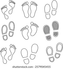 Foot print icon set. Human foot pet black vector flat and line collection isolated on transparent background. Shoe print step symbol sign of walking, track imprint, sole of shoe printmaking technique.