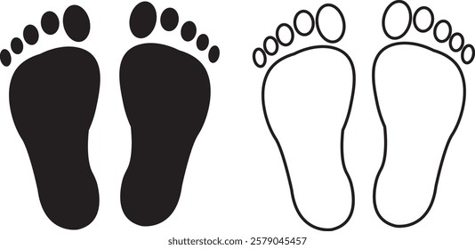 Foot print icon set. Human foot pet black vector flat and line collection isolated on transparent background. Shoe print step symbol sign of walking, track imprint, sole of shoe printmaking technique.