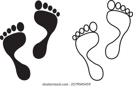 Foot print icon set. Human foot pet black vector flat and line collection isolated on transparent background. Shoe print step symbol sign of walking, track imprint, sole of shoe printmaking technique.