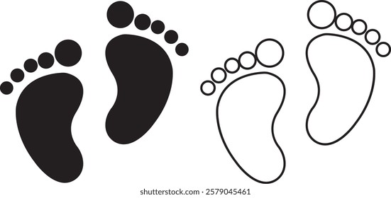 Foot print icon set. Human foot pet black vector flat and line collection isolated on transparent background. Shoe print step symbol sign of walking, track imprint, sole of shoe printmaking technique.