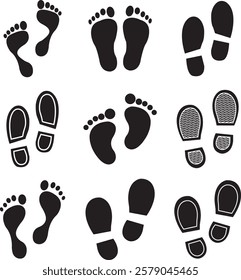 Foot print icon set. Human foot pet black vector flat and line collection isolated on transparent background. Shoe print step symbol sign of walking, track imprint, sole of shoe printmaking technique.