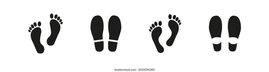 Foot print sign. Human footprint icon. Shoe step vector symbol. Barefoot walk isolated on white background. Man imprint silhouette set.