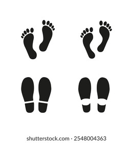 Foot print sign. Human footprint icon. Shoe step vector symbol. Barefoot walk isolated on white background. Man imprint silhouette set.