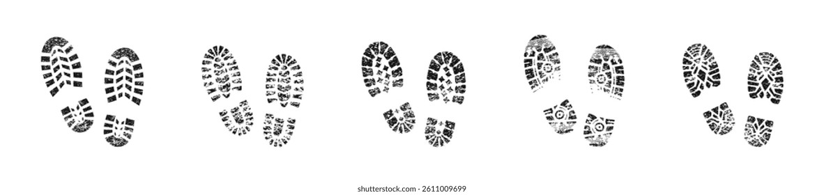 Foot print silhouette. Grunge Boot Print Patterns Vector Set. 