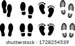 Foot print vector illustration set with shoes bare feet and boot print 