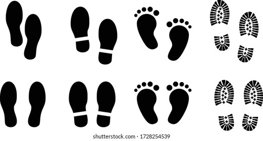Набор векторных иллюстраций с принтом стопы с босыми ногами и ботинком 