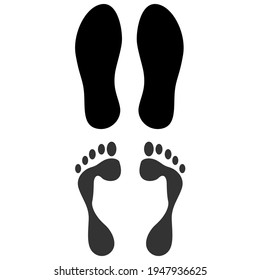 Foot print vector illustration set with shoes bare feet and boot print