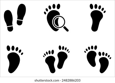 Foot print vector illustration set with shoes bare feet and boot print on white background