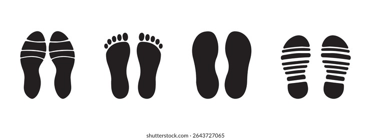 Foot print vector illustration set with shoes bare feet and boot print