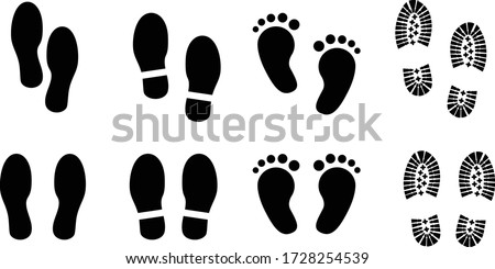 Foot print vector illustration set with shoes bare feet and boot print 