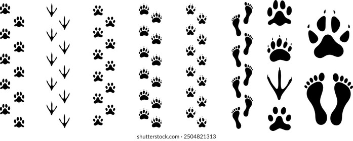 foot prints of human, cat, bear, chicken, wolf, dog icons and foot paths