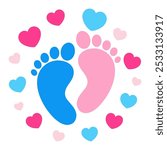 Foot prints icon. Pink and blue baby footprints icon with heart shape, isolated on white background. Vector illustration