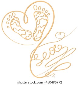 Foot prints in print, sign sea, calligraphy, heart with swirls