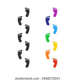 Foot prints rainbow colored icon set. Human body, footstep, newborn, baby feet. Flat vector illustration isolated.