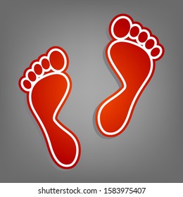 Foot prints sign. Flat red icon with linear white icon with gray shadow at grayish background. Illustration.