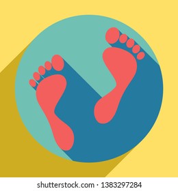 Foot prints sign. Sunset orange icon with llapis lazuli shadow inside medium aquamarine circle with different goldenrod shadow at royal yellow background.