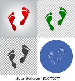 Foot prints sign. Vector. 4 styles. Red gradient in radial lighted background, green flat and gray scribble icons on transparent and linear one in blue circle.