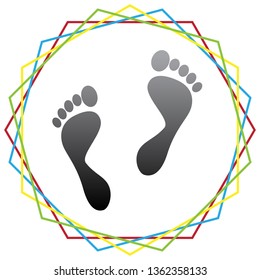 Foot prints sign. Vector. Black icon with patch of light inside colorful hexagonal frames at white background.