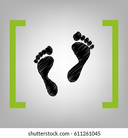 Foot prints sign. Vector. Black scribble icon in citron brackets on grayish background.