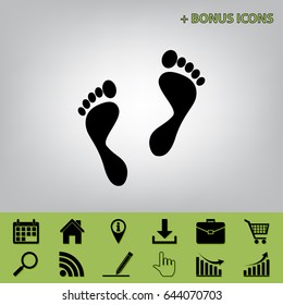 Foot prints sign. Vector. Black icon at gray background with bonus icons at celery ones