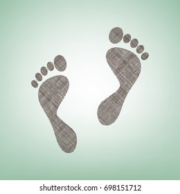 Foot prints sign. Vector. Brown flax icon on green background with light spot at the center.