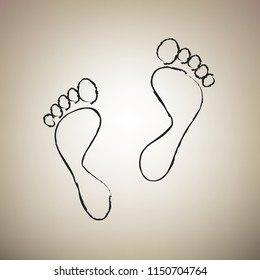 Foot prints sign. Vector. Brush drawed black icon at light brown background.