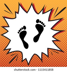 Foot prints sign. Vector. Comics style icon on pop-art background.