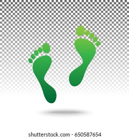 Foot prints sign. Vector. Green gradient icon with shadow at bottom on transparent and white background.