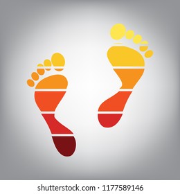 Foot prints sign. Vector. Horizontally sliced icon with colors from sunny gradient in gray background.