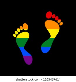 Foot prints sign. Vector. Icon with colors of LGBT flag at black background.