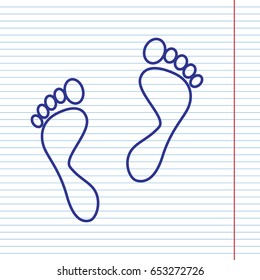 Foot prints sign. Vector. Navy line icon on notebook paper as background with red line for field.