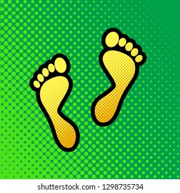 Foot prints sign. Vector. Pop art orange to yellow dots-gradient icon with black contour at greenish background.