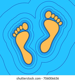 Foot prints sign. Vector. Sand color icon with black contour and equidistant blue contours like field at sky blue background. Like waves on map - island in ocean or sea.