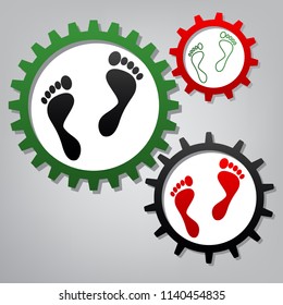 Foot prints sign. Vector. Three connected gears with icons at grayish background.